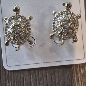 Gold Turtle Stud Earrings with Clear Crystals - Women Jewelry